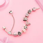 Pink Enamel Mickey Minnie Charm Bracelet Silver Plated Heart Animal Bead