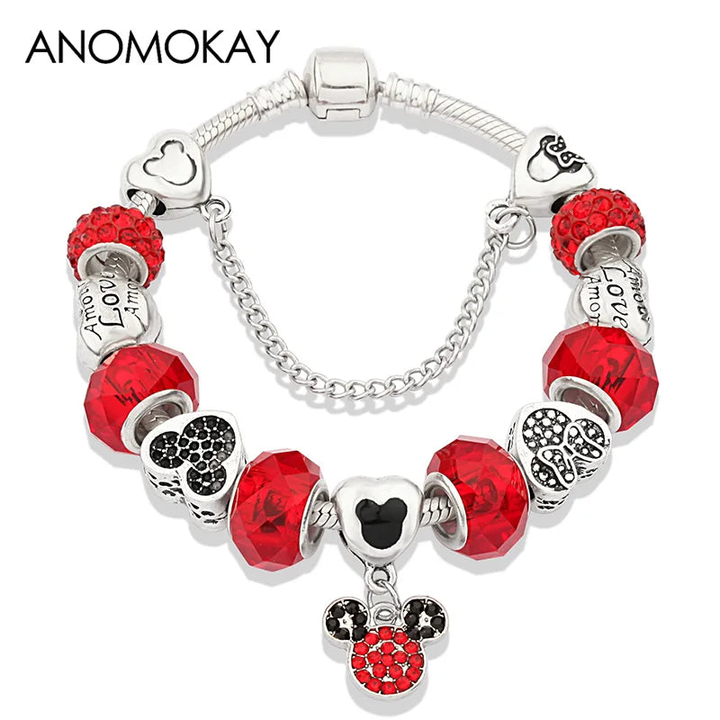 Pink Enamel Mickey Minnie Charm Bracelet Silver Plated Heart Animal Bead