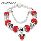 Red Crystal Mickey Minnie Beads Bracelet Silver Plated Family Charm Gift