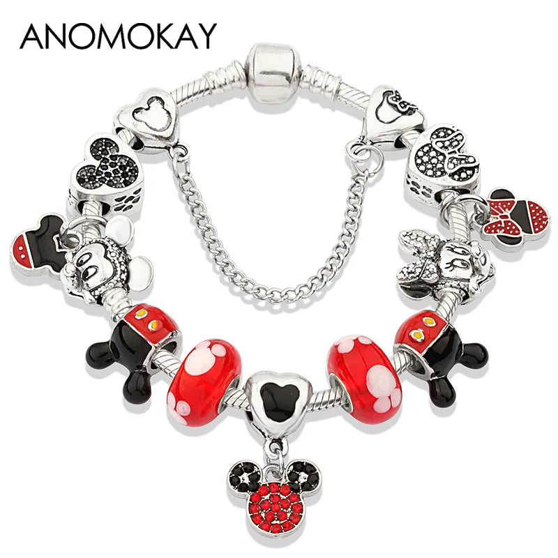 Mickey Minnie Charm Bracelet Red Crystal Bead Bangle Women Girl DIY Gift