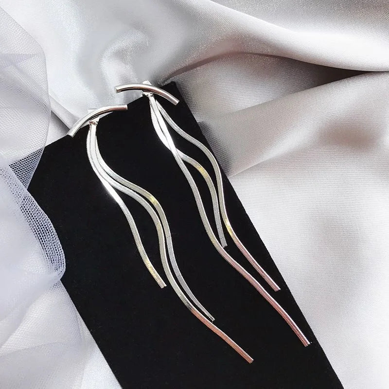 Korean Vintage Glossy Arc Bar Long Tassel Drop Earrings Gold Colour