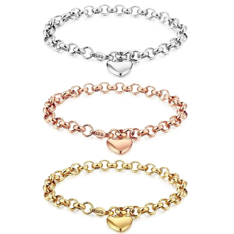 Heart Chain Bracelet Role Link for Women Stainless Steel Gold Color  Love Bangle Valentine Gifts Adjustable 15cm to 19cm