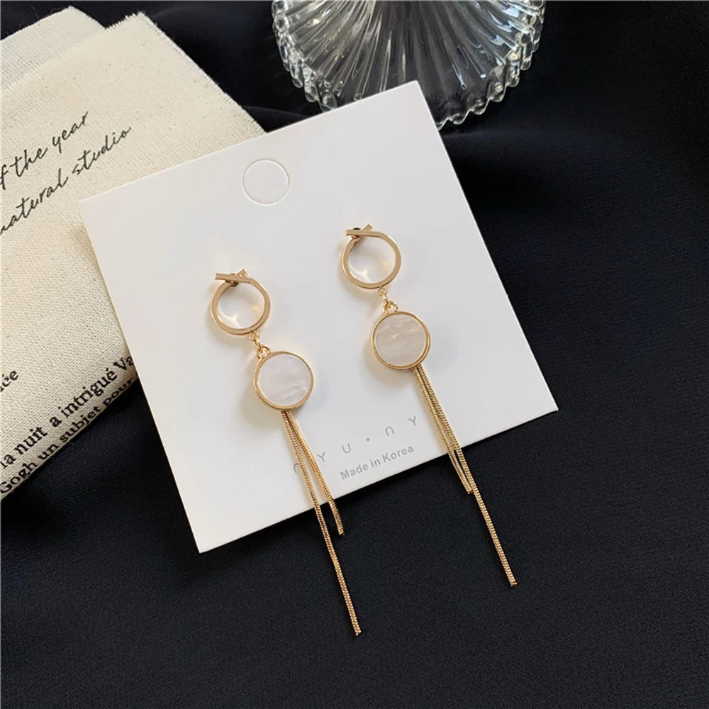 Korean Vintage Glossy Arc Bar Long Tassel Drop Earrings Gold Colour