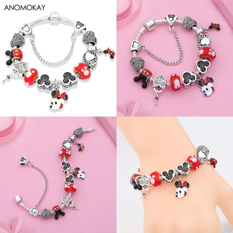 Red Crystal Mickey Minnie Beads Bracelet Silver Plated Family Charm Gift