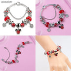 Pink Enamel Mickey Minnie Charm Bracelet Silver Plated Heart Animal Bead
