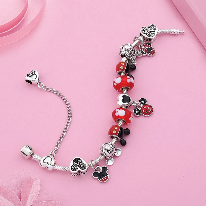 Mickey Minnie Charm Bracelet Red Crystal Bead Bangle Women Girl DIY Gift
