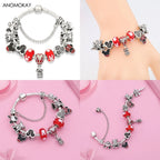 Red Crystal Mickey Minnie Beads Bracelet Silver Plated Family Charm Gift