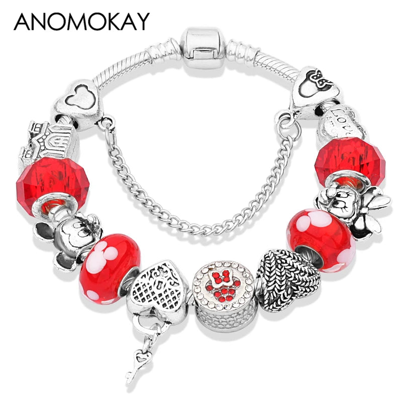 Red Crystal Mickey Minnie Beads Bracelet Silver Plated Family Charm Gift