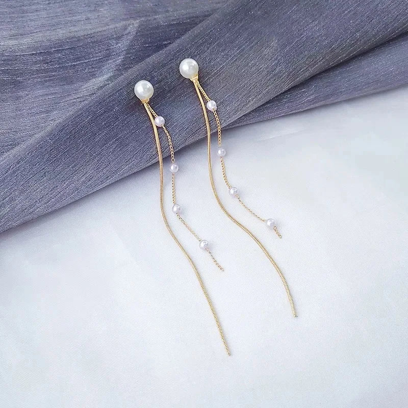 Korean Vintage Glossy Arc Bar Long Tassel Drop Earrings Gold Colour