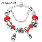 Red Crystal Mickey Minnie Beads Bracelet Silver Plated Family Charm Gift