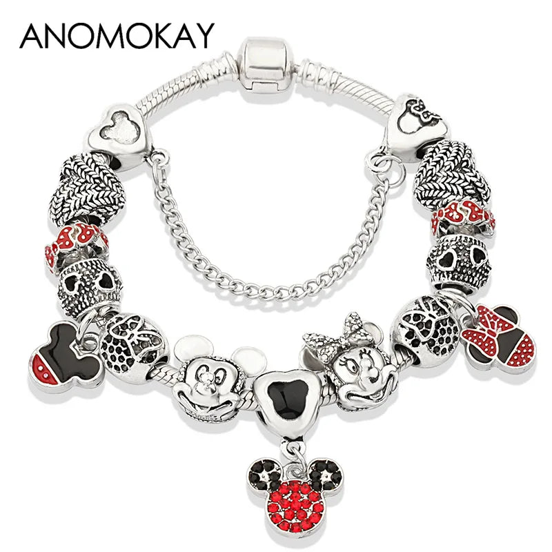 Pink Enamel Mickey Minnie Charm Bracelet Silver Plated Heart Animal Bead