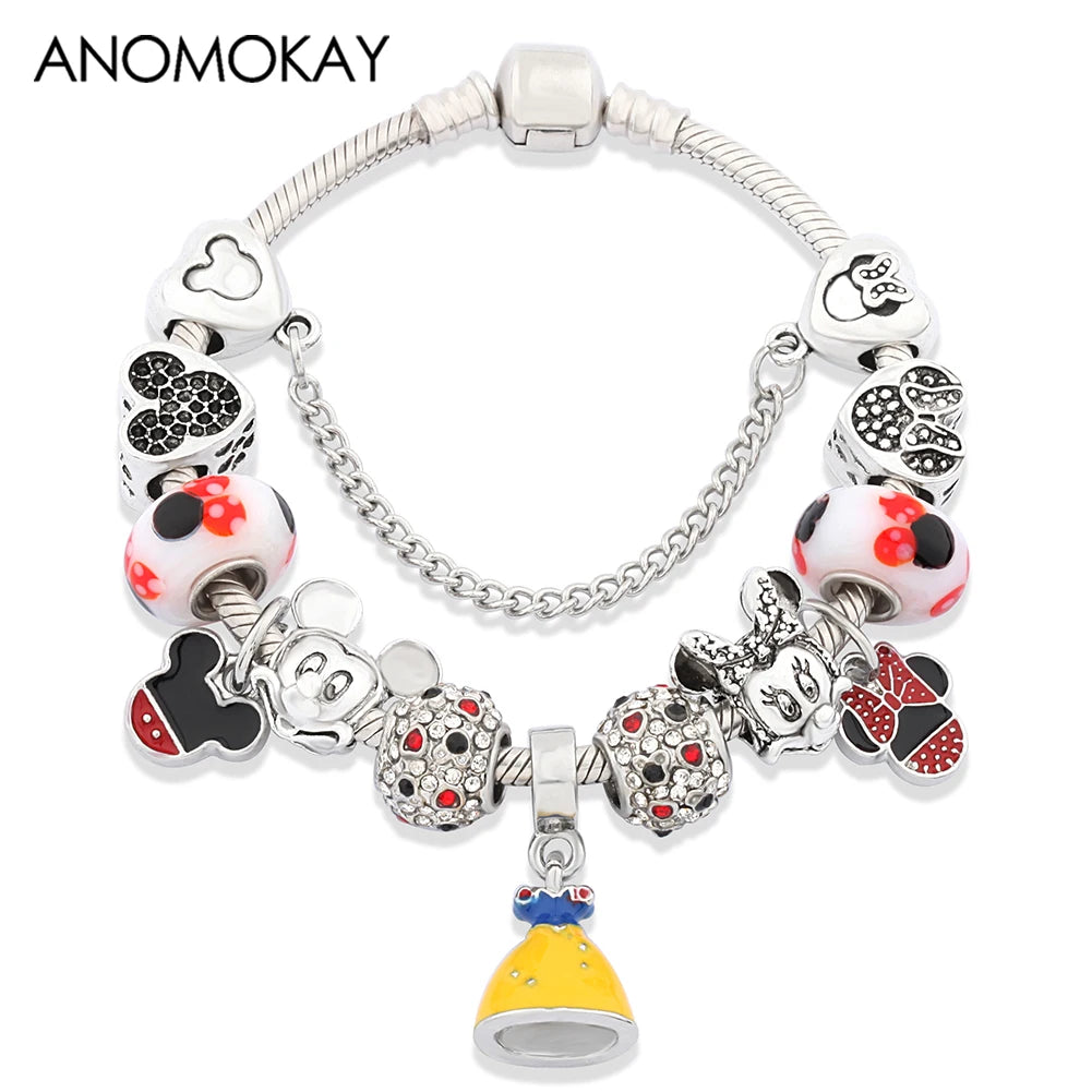 Red Crystal Mickey Minnie Beads Bracelet Silver Plated Family Charm Gift