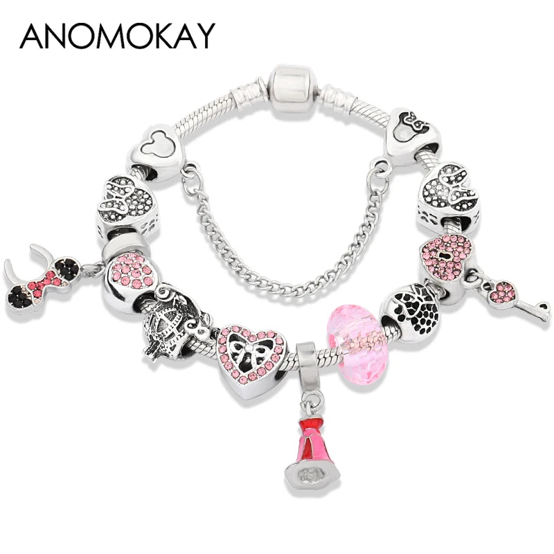 Red Crystal Mickey Minnie Beads Bracelet Silver Plated Family Charm Gift