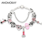 Red Crystal Mickey Minnie Beads Bracelet Silver Plated Family Charm Gift