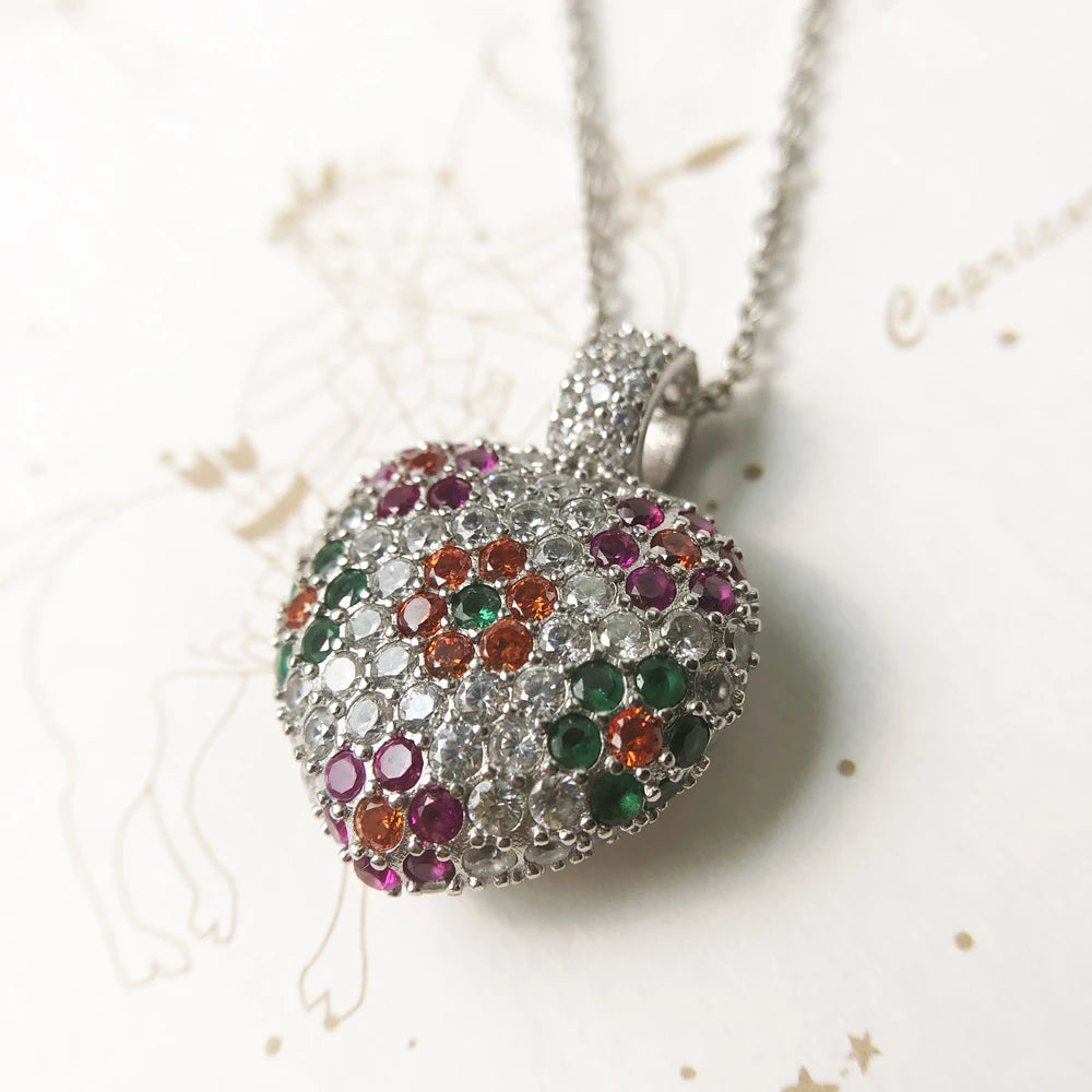 Heart Colourful Flower Necklace 925 Sterling Silver Romantic Jewellery Gift
