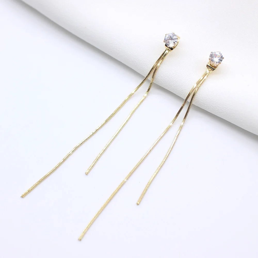 Korean Vintage Glossy Arc Bar Long Tassel Drop Earrings Gold Colour