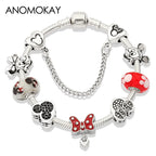 Mickey Minnie Charm Bracelet Red Crystal Bead Bangle Women Girl DIY Gift