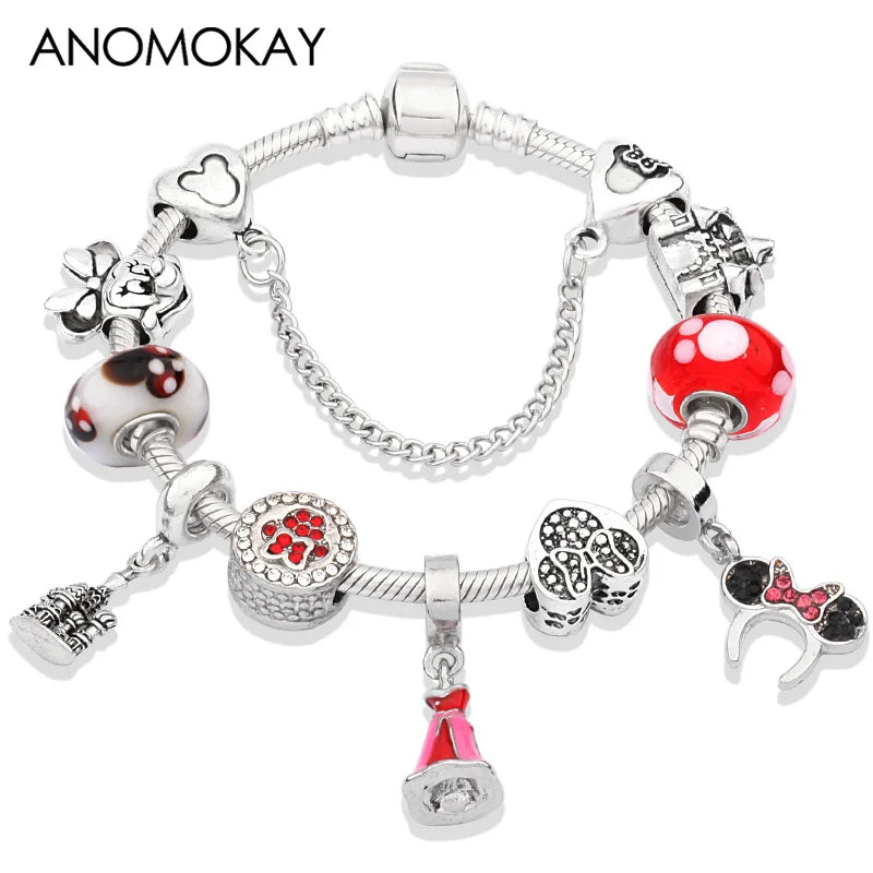 Pink Enamel Mickey Minnie Charm Bracelet Silver Plated Heart Animal Bead