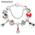 Pink Enamel Mickey Minnie Charm Bracelet Silver Plated Heart Animal Bead