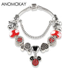 Red Crystal Mickey Minnie Beads Bracelet Silver Plated Family Charm Gift