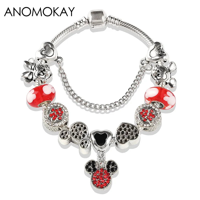 Red Crystal Mickey Minnie Beads Bracelet Silver Plated Family Charm Gift
