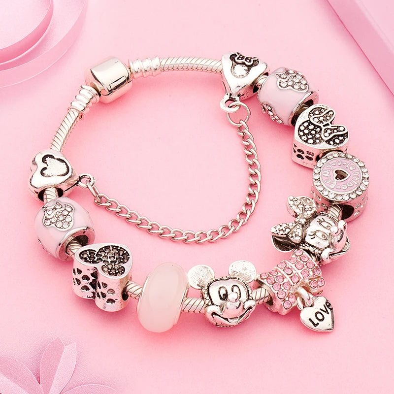 Pink Enamel Mickey Minnie Charm Bracelet Silver Plated Heart Animal Bead