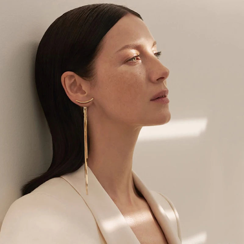 Korean Vintage Glossy Arc Bar Long Tassel Drop Earrings Gold Colour