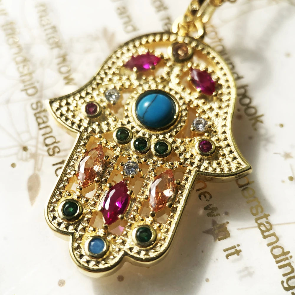Golden Hand of Fatima Necklace Turquoise 925 Sterling Silver Vintage Jewellery