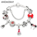 Mickey Minnie Charm Bracelet Red Crystal Bead Bangle Women Girl DIY Gift