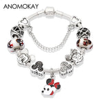 Mickey Minnie Charm Bracelet Red Crystal Bead Bangle Women Girl DIY Gift