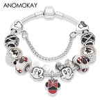 Red Crystal Mickey Minnie Beads Bracelet Silver Plated Family Charm Gift