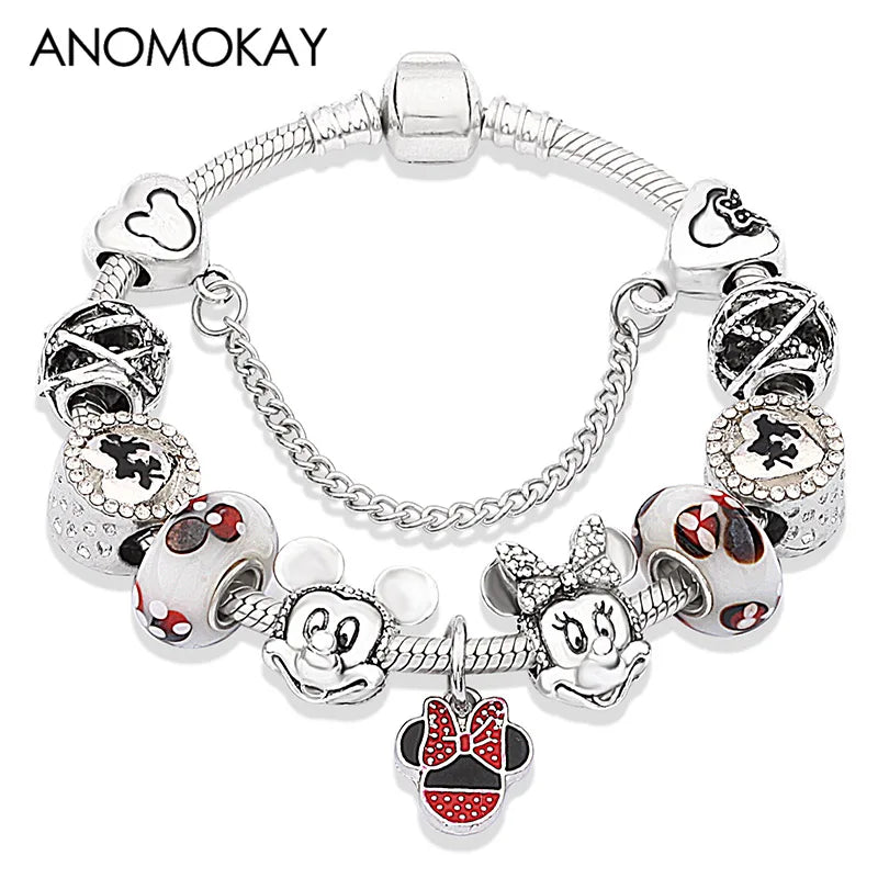 Red Crystal Mickey Minnie Beads Bracelet Silver Plated Family Charm Gift