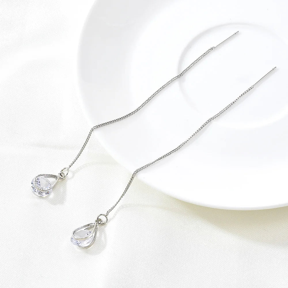 Korean Vintage Glossy Arc Bar Long Tassel Drop Earrings Gold Colour