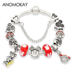 Red Crystal Mickey Minnie Beads Bracelet Silver Plated Family Charm Gift