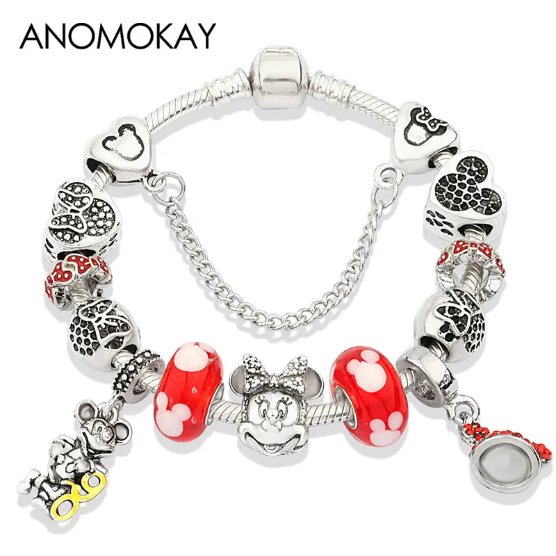 Red Crystal Mickey Minnie Beads Bracelet Silver Plated Family Charm Gift