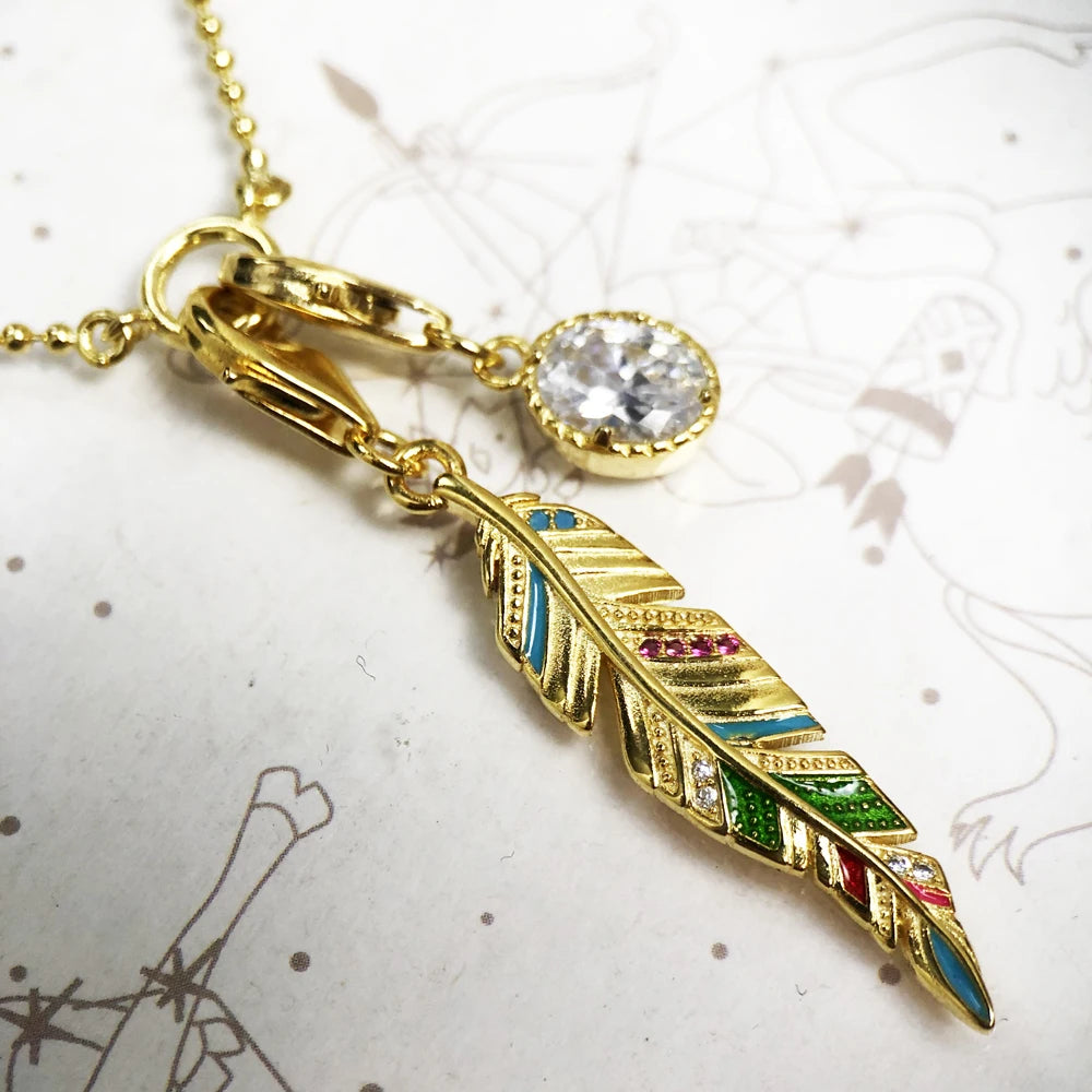 Golden Feather & Oval CZ Necklace 925 Sterling Silver Fashion Jewellery Gift