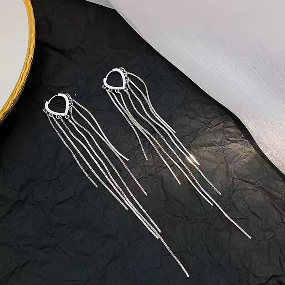 Korean Vintage Glossy Arc Bar Long Tassel Drop Earrings Gold Colour