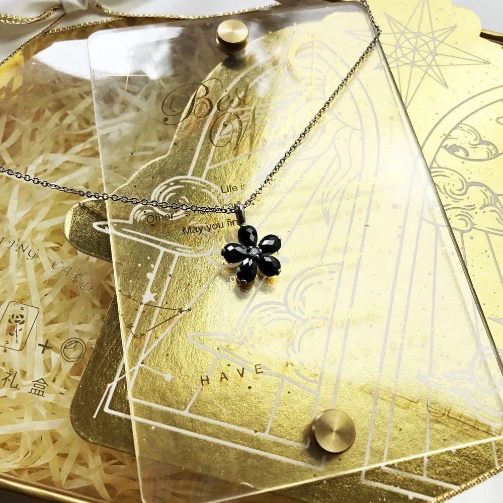 Black Petals Flower Necklace 925 Sterling Silver Romantic Fine Jewellery