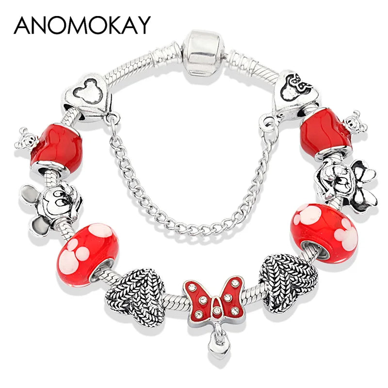 Mickey Minnie Charm Bracelet Red Crystal Bead Bangle Women Girl DIY Gift