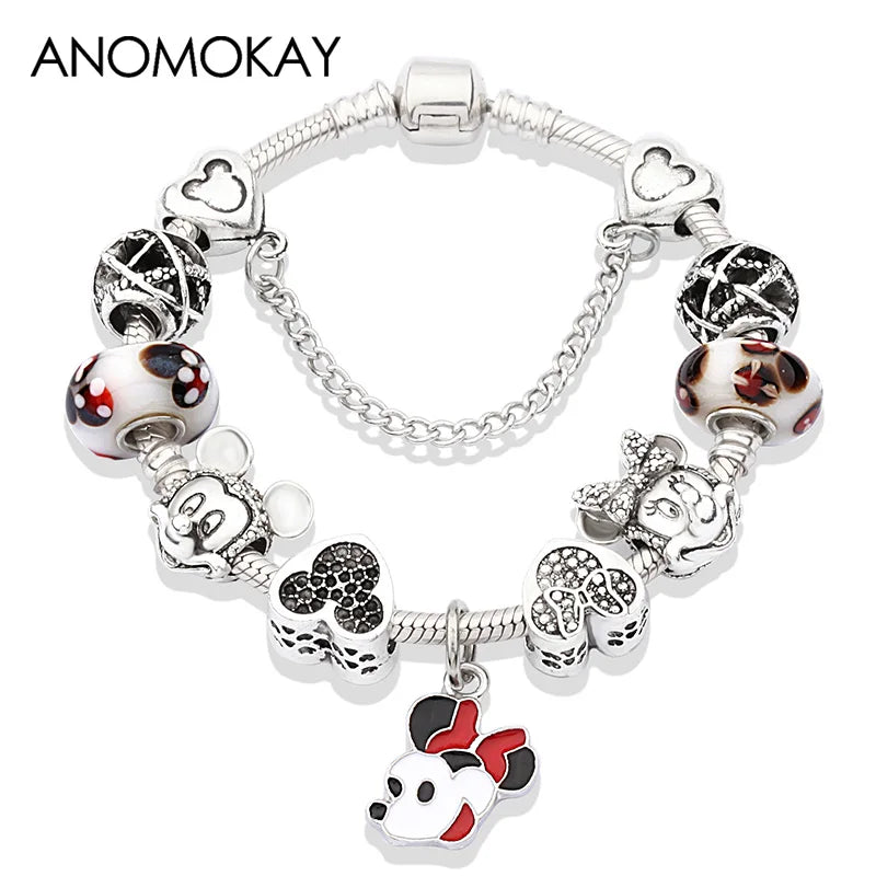 Red Crystal Mickey Minnie Beads Bracelet Silver Plated Family Charm Gift