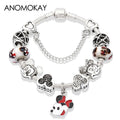 Red Crystal Mickey Minnie Beads Bracelet Silver Plated Family Charm Gift