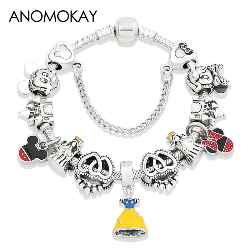 Red Crystal Mickey Minnie Beads Bracelet Silver Plated Family Charm Gift