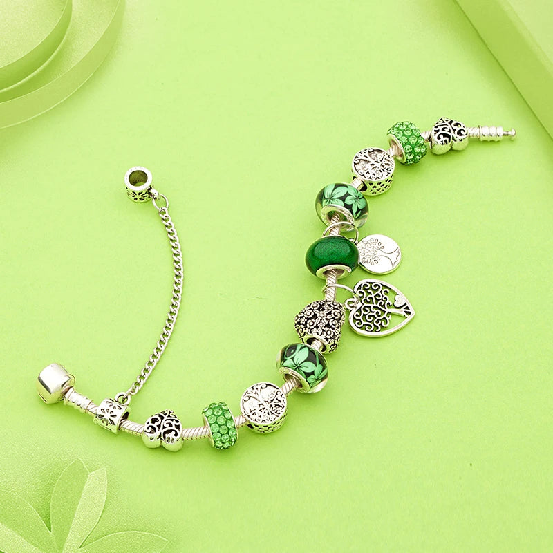 Tibetan Silver Tree of Life Charm Bracelet Green Crystal Flower Bead DIY