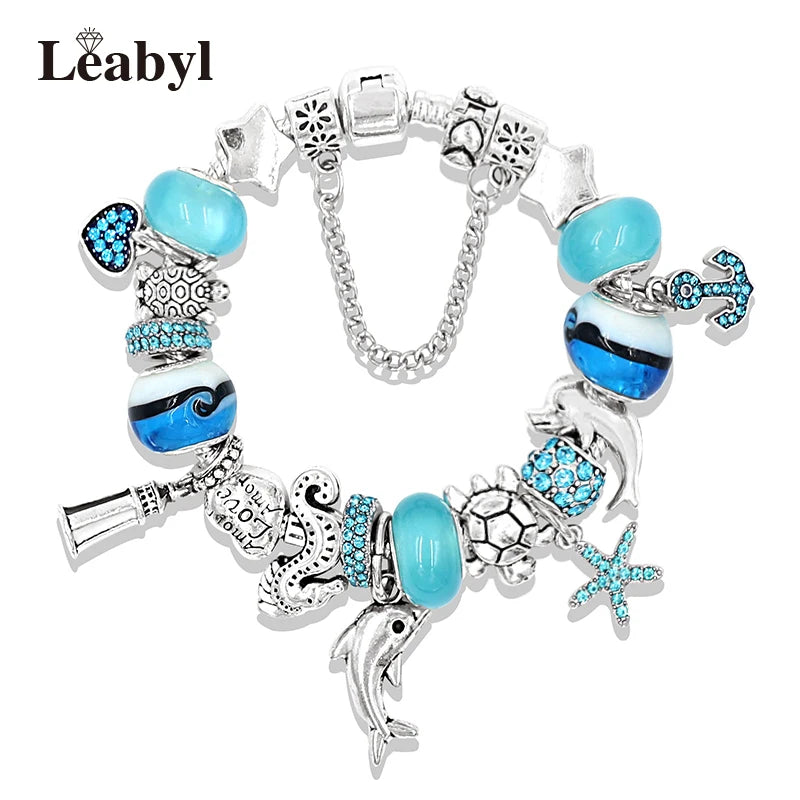 Classic Dolphin Charm Bracelet Blue Murano Crystal Glass DIY Bead Bangle