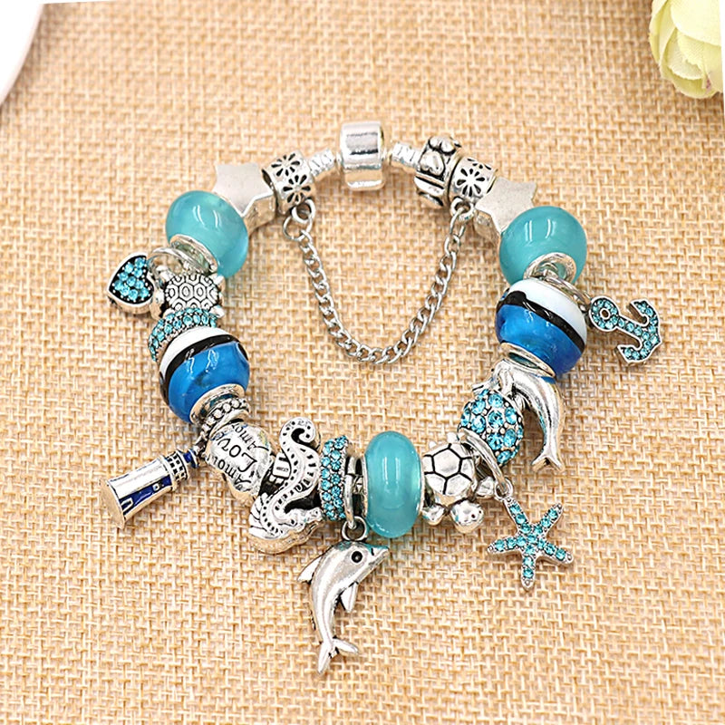 Classic Dolphin Charm Bracelet Blue Murano Crystal Glass DIY Bead Bangle