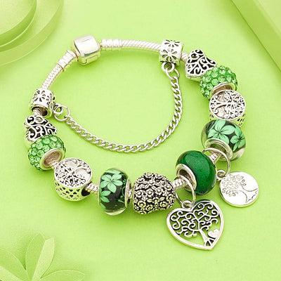 Tibetan Silver Tree of Life Charm Bracelet Green Crystal Flower Bead DIY