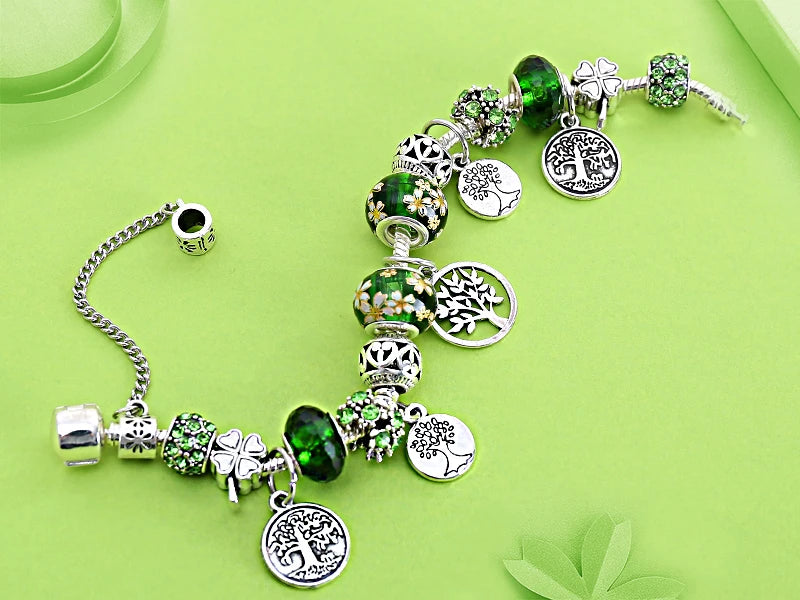 Silver Colour Tree of Life Bead Bracelet Green Leaf Crystal Charm Bangle