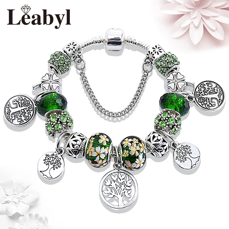 Silver Colour Tree of Life Bead Bracelet Green Leaf Crystal Charm Bangle