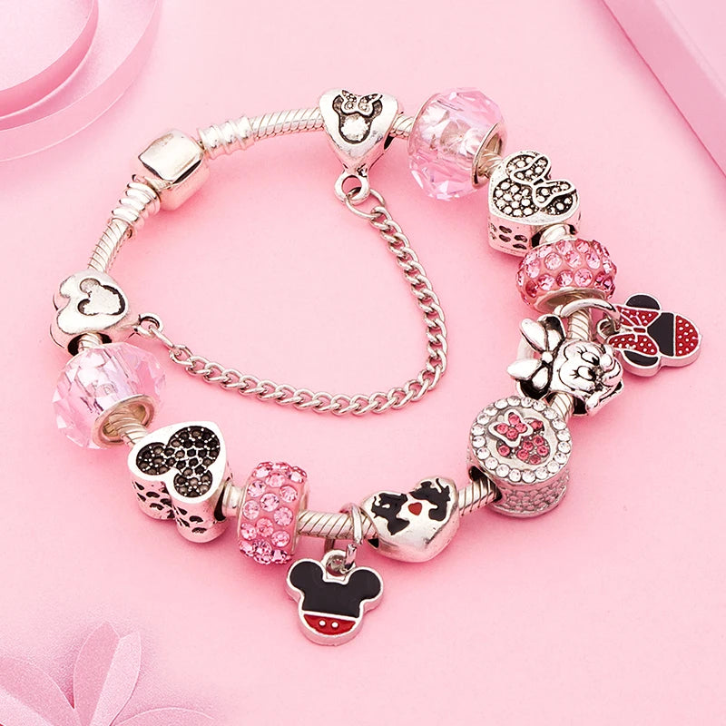 Pink Crystal Bead Charm Bracelet Colourful Enamel Handmade DIY Jewellery