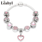 Romantic Pink Heart Charm Bracelet Fine Crystal DIY Bead Bangle Gift